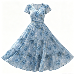 Robe longue d'été à imprimé floral pour femmes, col en V, manches courtes, décontractée, plage, vacances, bohème, fluide, 100% polyester pour femmes - Product Image 3