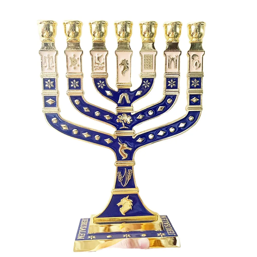 5 farben 28cm * 20,5 cm 7 Zweig Blau Große Messing Emaille Menorah Gold Überzogene 7 Zweig Tribes Von israel Jerusalem