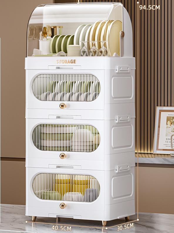 Dish rack with 1 flip-top layer + 3 flat-top layers [white]