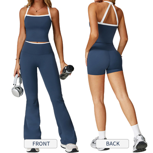 Completo Yoga Patchwork TZ2027: Top Sportivo Halter con Spalline Incrociate e Leggings Aderenti per <span class=keywords><strong>Donna</strong></span> - Ideale per Corsa e Fitness - Product Image 2