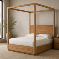 Cama con Dosel de Diseño Personalizado con Estructura de Madera Maciza, Acabado en Madera Clara y Opción de Tela de Mimbre o Cabecera de Madera para Villa Privada
