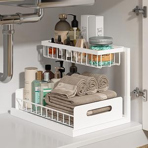 キッチンや洗面台の下に置く2段式防水多機能メタルキャビネットオーガナイザー - Product Image 2