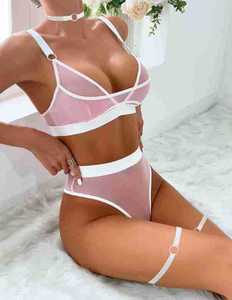 Ensemble de lingerie sexy en maille ajourée avec soutien-gorge, culotte taille haute, collerette et anneaux de jambe – Ensemble quatre pièces pour femme - Product Image 5