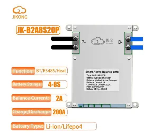 Jk Smart Bms Lifepo4 Batterij JK-B2A8S20P 4S 8S 200a 12V 24V 2a Active Balance Li-Ion 18650 Kampeerbatterij Opslag Ebike Jikong