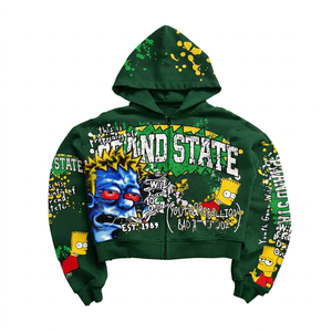 Sudadera con capucha y cremallera de diseño personalizado con estampado de dibujos animados verdes para hombre, estilo streetwear oversize y corto. - Product Image 1