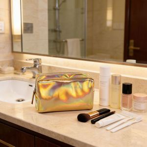 Shiny Holographic Cosmetic Waterproof Travel Toiletry Kit <b>Large</b> Capacity Portable Leather Storage <b>Bag</b> - Product Image 2