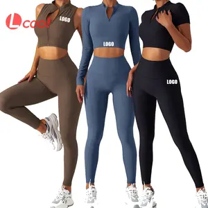 Lcool New Custom Damen Sportswear Plus Size Trainings kleidung Reiß verschluss Langarm Crop Top 4 Stück Yoga Leggings mit Tasche