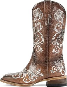 Zapatos de tacón grueso bajo con punta en pico y pantorrilla ancha bordada con flores, <span class=keywords><strong>botas</strong></span> cortas de tacón de vaca marrón a la moda para mujer - Product Image 2