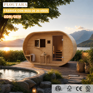Sauna Exterior Tipo Barril PLOUTARA con Estufa de Leña, Cabina de Madera, Puerta de Vidrio, OEM para Jardín, Hotel, Spa, Resort - Product Image 1