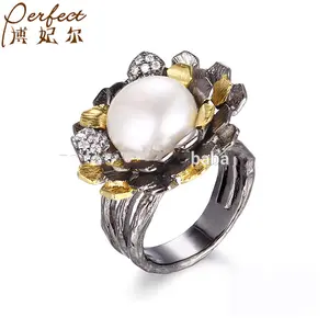 Tailandia Flor de plata esterlina 925 chapado en oro perla botón anillo para las mujeres