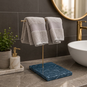 Porte-serviettes moderne autoportant à 2 barres en laiton poli, support de salle de bain fixe, longueur 10 pouces, base en marbre - Product Image 1