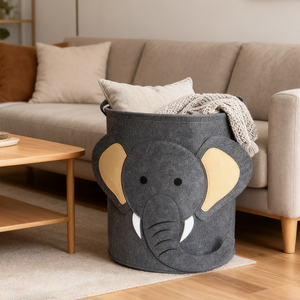 Cesto para Ropa Sucia de Fieltro Redondo, Diseño de Animales, Duradero y Suave, para Habitación Infantil - Product Image 1
