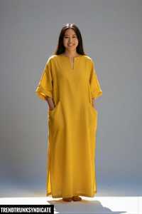 Yellow Linen Beach <b>Kaftan</b> Dress Women Summer Cover Casual Eco-Friendly Breathable A-Line Belt Maxi Regular Fit Resort Wear B2B - Product Image 5