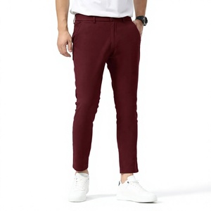 Men's Skinny Fit Maroon Chino Pants Mid Waist Button Fly Smart Casual Style Anti-Wrinkle Woven Fabric Chino Pants For Men's - Product Image 4