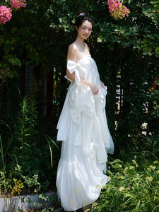 Vestido de <span class=keywords><strong>Novia</strong></span> Blanco para la Mañana, Vestido de Compromiso, Vestido para Brindis, Vestido de Alta Gama sin Tirantes con Lazo, <span class=keywords><strong>Falda</strong></span> Larga - Product Image 5