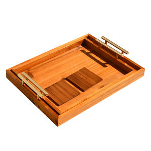 Juego de 2 bandejas otomanas de madera de grado alimenticio para servir desayuno rústico bandeja de madera con posavasos - Product Image 2