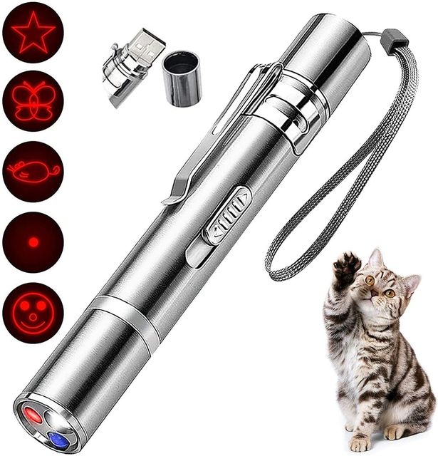 Customize logo Cat Teasing Laser Wand USB Rechargeable Laser Pointer 7 in 1interactive Patterns Stainless Steel with Lanyard
