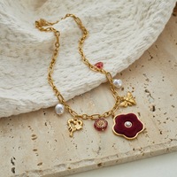 Kalung Choker Pesta Wanita Rantai Bambu Liontin Bunga Merah Beludru Mutiara dan Lebah Bahan Stainless Steel Baru