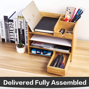 Organizador de escritorio de bambú de varias capas con divisiones para almacenamiento de oficina y soporte para documentos, tipo rectangular. - Product Image 2