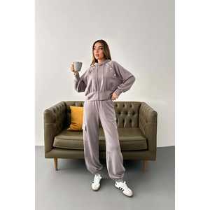 Smoke <b>Grey</b> Hooded Sweatshirt And <b>Cargo</b> Pants Set <b>Women</b> Fleece Casual Full Sleeve Breathable Jogger Outfit - Product Image 2