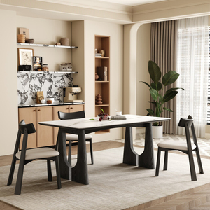 Uygun Fiyatlı 4-6 Kişilik Yemek Masası Takımı, Dikdörtgen Kaya Levha Üst + Şık Kesimli Masif Ahşap Ayaklar ve Yumuşak Döşemeli Sandalyeler - Product Image 2