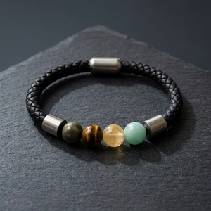 Bracelet en cuir tressé avec perles de pierre, fermeture magnétique, bracelet en pierres précieuses naturelles, bijoux multicolores, cadeau - Product Image 5