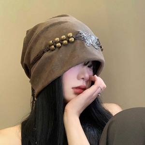 American Retro Style Tie-Dye Pullover Cold Cap pour les femmes Maillard Tassel Big Head Cirference Showy Face Small Heap Beanies - Product Image 1