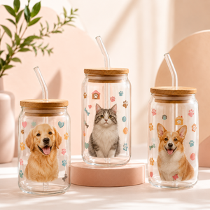 Custom Cute Pet Image Glass Can <b>Cup</b> with Bamboo Lid and Glass Straw Reusable Drinking Tumbler for Coffee Juice - Product Image 3