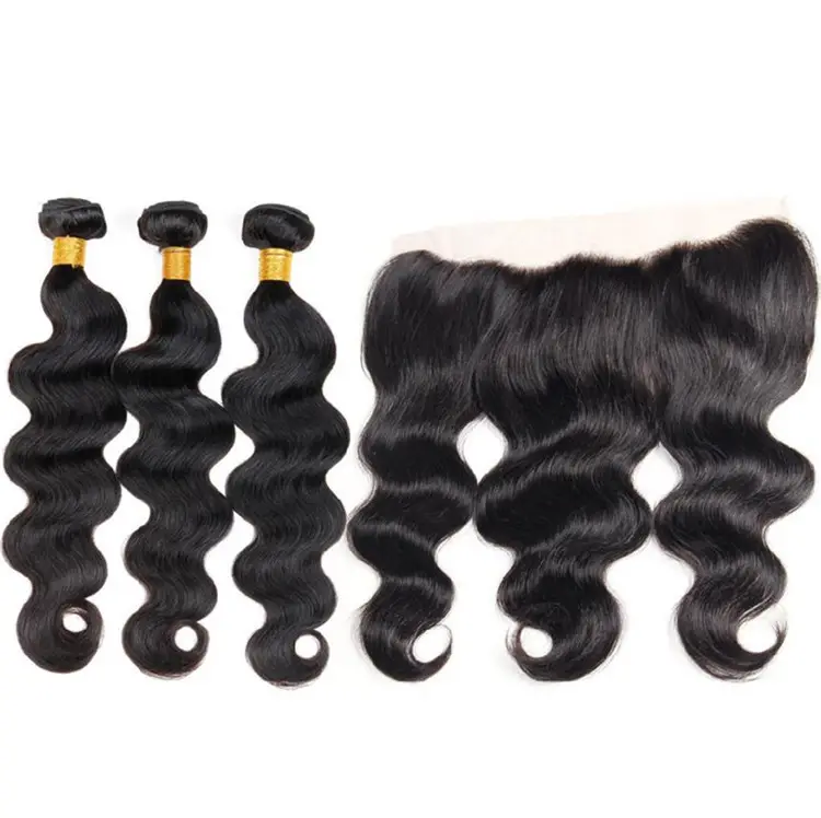 natural 3 Bundles with Lace Frontal Loose Deep Unprocessed Raw Virgin Brazilian Hair Bundles for Black Woman