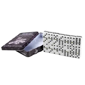 Set of 28 Tiles Black and White Domino Blocks Double -Six Chicken Foot Domino Set in Iron Box for Table Games