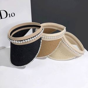 Female Summer Topless <b>Straw</b> Sun Visor <b>Hat</b> with Pearls for Women-Sports Fishing & Party Outdoor Use - Product Image 1
