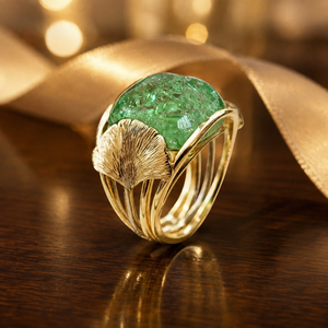 Anello Stile Foglia di Ginkgo con Smeraldo per Donne, Elegante Gioiello da Dito in Stile Giardino - Product Image 6