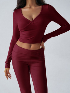 Nouvel ensemble 2 pièces côtelé pour <span class=keywords><strong>femme</strong></span> : haut court à manches longues et pantalon évasé taille haute – Tenue décontractée et confortable - Product Image 1