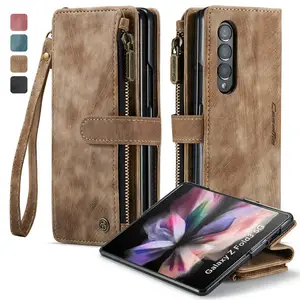 CaseMe Classic Crazy Horse Leather Case for Samsung Galaxy Z Fold 3 Multi-Cards Kickstand Protective Case for Samsung Z Fold 3