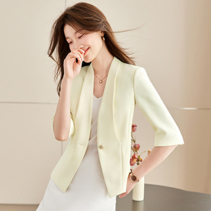 Women's Blazer Three Quarter Sleeve Slim Fit Light Yellow Solid Color Korean Style Commute Interview Wear Worsted Fabric - Product Image 3