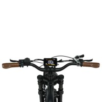 Vélo électrique tout-terrain noir à pneus larges, style rétro, pour trajets quotidiens, avec selle en cuir et phare avant, pour le marché européen.