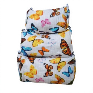 Indian Quilted Eco-Friendly Reusable Zipper Closure Cotton Vintage Lightweight Soft Handle Large Capacity <b>Makeup</b> Pouch Women's - Product Image 1