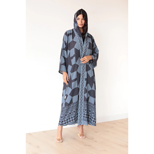 LEDUO Ramadan Eid Casual Loose Fit Long Sleeve Geometric <b>Print</b> Hood Open <b>Islamic</b> Abaya - Product Image 1