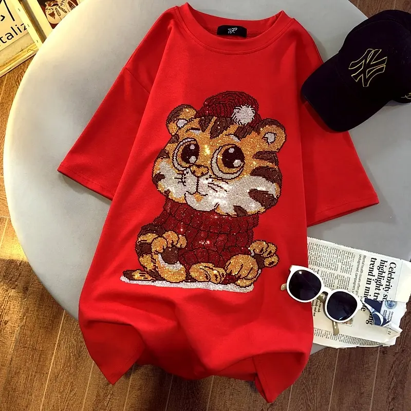 High Quality 100% Combed Cotton 2022 Summer Hot Drill Cartoon Pattern Men's and Women's Short Sleeve T-Shirts Loose Women's Tops
