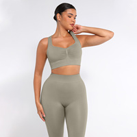 Vractivewholesale Ensemble de yoga 2 pièces pour femme, col en V, taille haute, froncé, uni, léger, sans couture, avec soutien-gorge intégré et taille élastique ACTIVE STRETCH