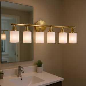 Applique murale moderne à 6 lumières pour salle de bain, finition dorée, verre dépoli, éclairage LED blanc chaud, intensité réglable - Product Image 2