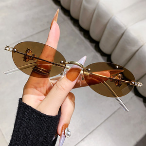 Oval Metal <b>Sunglasses</b> With Diamond Accents UV400 Protection For Outings Cycling Driving Stage Parties Unisex - Product Image 4