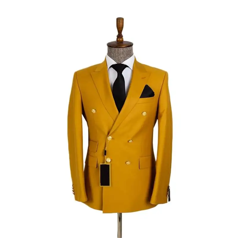Fashion Two Pieces Men Suits Custom Made Handsome Cotton Spring Wedding Suits Gold 2 Button Formal Coat+Pant