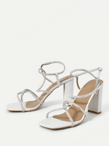 Elegante zomerse dames sandalen met vierkante neus, strass steentjes, PU, hoge schacht, instapper, trendy, ultrahoge dikke hakken - Product Image 3