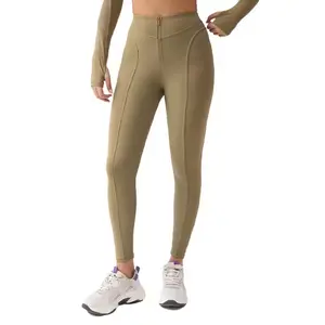Leggings da palestra per allenamento con cerniera a vita alta da donna Fitness Yoga indossare pantaloni sportivi da corsa Leggings collant a coste