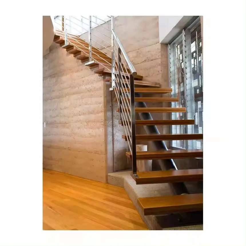 CBMmart mono stringer staircase steel beam stairway carbon steel frame wooden treads stairway indoor straight stairs