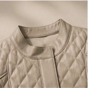 Veste en cuir courte pour <span class=keywords><strong>femme</strong></span>, col montant, <span class=keywords><strong>manteau</strong></span> matelassé avec doublure en mélange de <span class=keywords><strong>laine</strong></span> et de <span class=keywords><strong>laine</strong></span> de chameau - Product Image 4