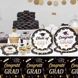 <span class=keywords><strong>12</strong></span> <span class=keywords><strong>personnes</strong></span> noir blanc Graduation décoration fête Table félicitations Grad jetable papier <span class=keywords><strong>vaisselle</strong></span> ensemble fournitures tasse assiettes serviette - Product Image 2