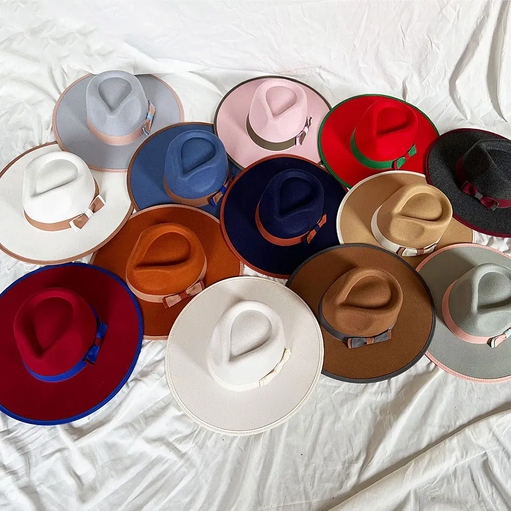 2023 nuovo autunno inverno tesa larga cappello a cilindro tessuto di alta qualità moda donna uomo cappelli fedora due colori fiocco fedora cappelli all'ingrosso