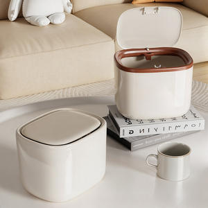 Bote de basura de escritorio de color crema, rectangular, 4L, con tapa, botón pulsador, mini bote de basura para almacenamiento en el hogar y el coche - Product Image 1